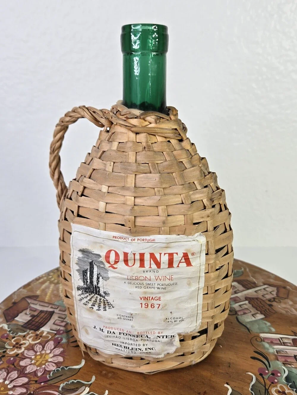 VTG Quinta Lisbon Wine Bottle Green Glass Wicker Wrapped Portugal 1967 Decor